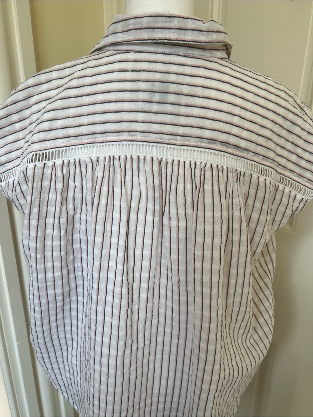 Pilcro White Pinstripe Button Front Blouse with Multicolor Floral Embroidery - Picture 5 of 5